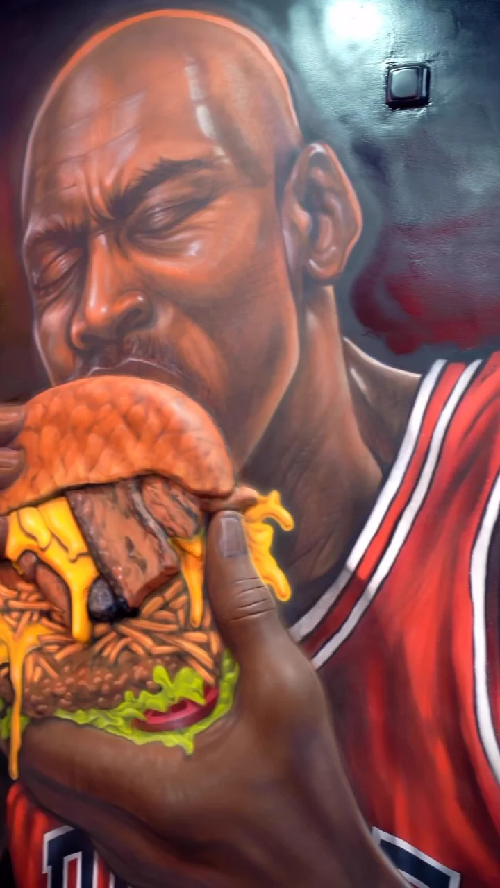 Mural de Michael Jordan en relieve, pintado con spray y aerógrafo